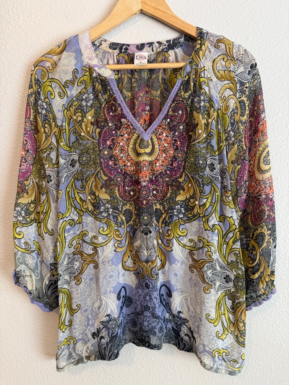 Boho Paisley Medallion Blouse Top Purple Baroque Print Festival Artsy M Bila